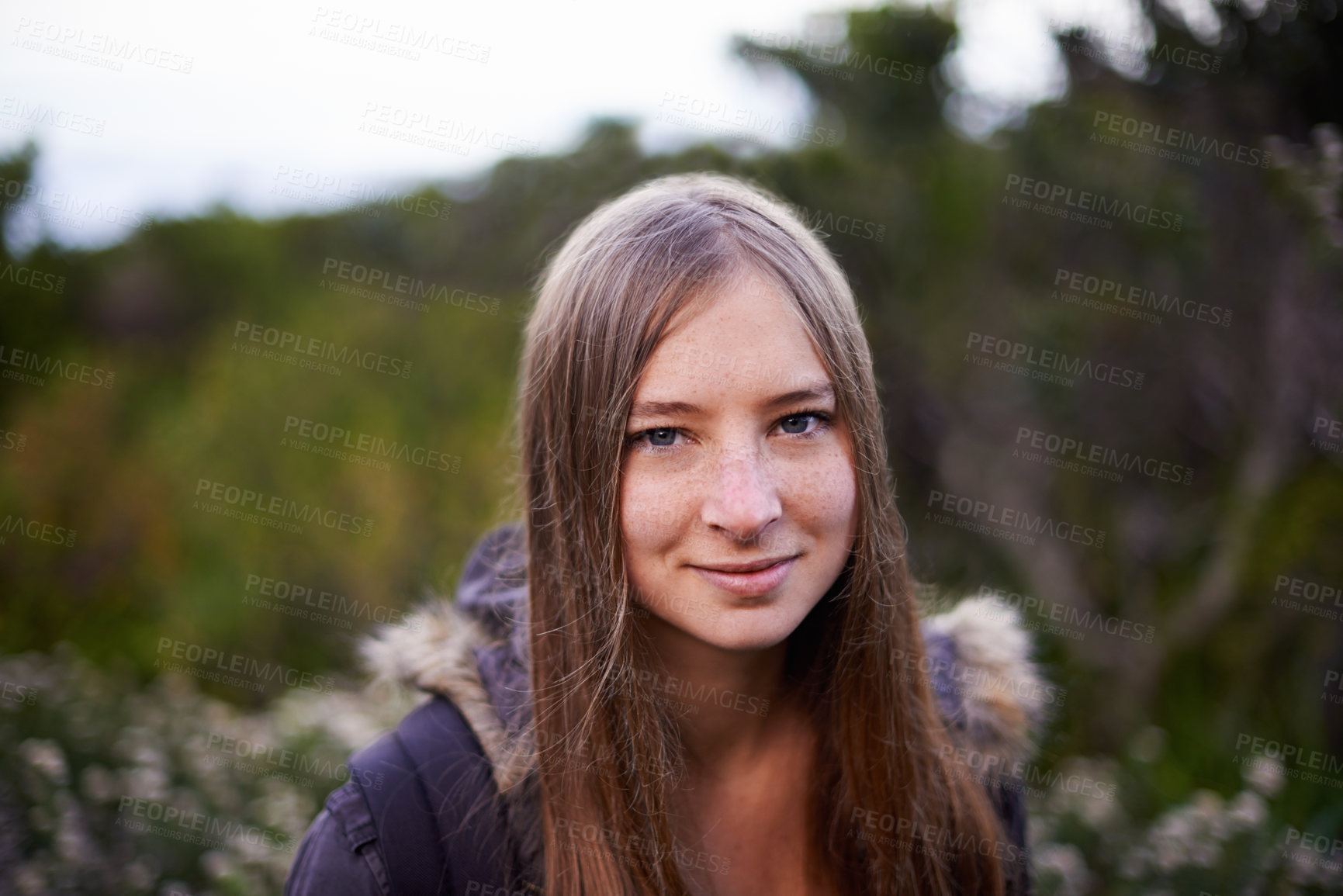 Buy stock photo Portrait, hiking and woman in nature for travel, vacation or adventure in Australia. Face, trekking and young person outdoor for holiday, journey and exploration of environment in forest in winter