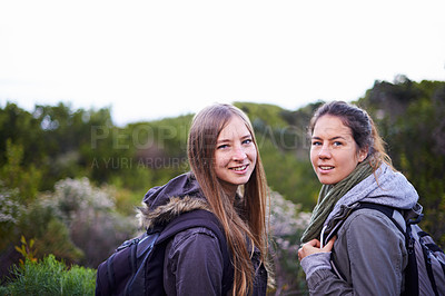 Buy stock photo Portrait, women and hiking in nature for adventure, workout or exercise as fitness routine in forest. People, green plants and trees in Denmark for walking journey in woods or bush in countryside