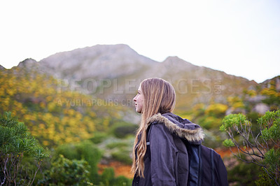 Buy stock photo Woman, hiking and mountain trekking for outdoor exploring for wellness workout, adventure or environment. Female person, bushes and walking in Australia for holiday travel, wilderness or vacation