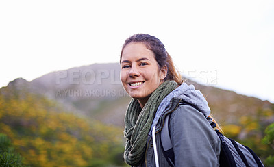 Buy stock photo Outdoor, foliage and portrait of girl with smile for hiking with joy and backpack for journey in bush. Adult, female person and woman with happiness for travel for winter holiday in Cape Town