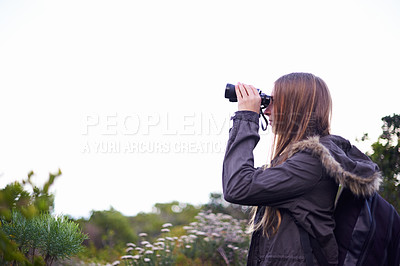 Buy stock photo Woman, binoculars and hiking view on mountain on misty morning or nature explore, trekking or adventure. Female person, path and fog on holiday vacation in Australia as journey, backpacking or travel