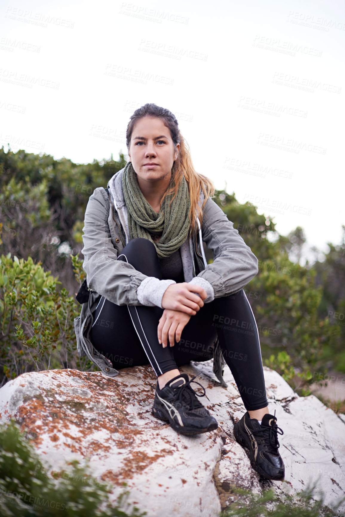 Buy stock photo Woman, mountain and relax on hiking break in forest for leisure or fitness routine to exercise and workout. Portrait, female person and outdoor on hill with nature, peace and adventure on holiday