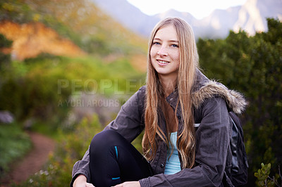 Buy stock photo Woman, portrait and mountain hiking in nature for travel adventure or outdoor trekking, vacation or backpacking. Female person, face and environment path in Australia fitness, exploring or wilderness