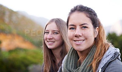 Buy stock photo Women, friends and portrait on mountain for explore adventure or workout, journey or trekking. Female people, face and environment vacation for backpacking weekend in Australia, hiking or fitness