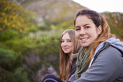 Buy stock photo Woman, friends and portrait for hiking environment for mountain explore, adventure or trekking. Female people, plants and outdoor journey for holiday wellness or weekend vacation, exercise or travel