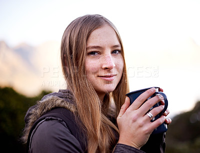 Buy stock photo Hiking, portrait and woman drinking coffee outdoor on vacation, adventure and travel in the morning in Switzerland. Face, tea cup and person trekking in nature or environment in winter on holiday