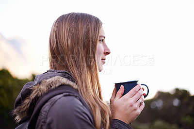Buy stock photo Hiking, thinking and woman drinking coffee in nature on vacation, adventure or travel in the morning with mockup space. Dream, tea cup and person trekking outdoor or planning on holiday in winter