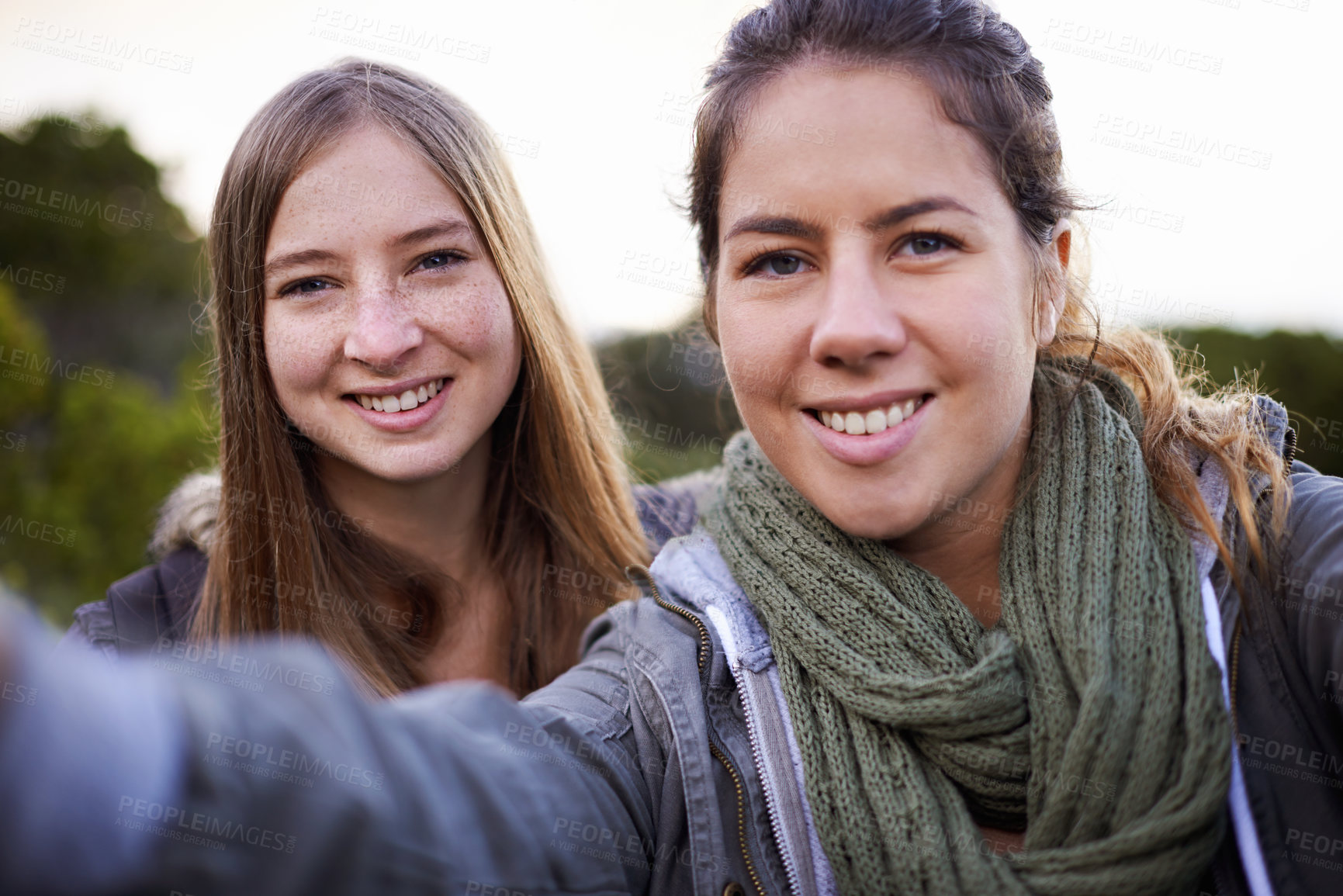 Buy stock photo Woman, friends and portrait selfie for mountain hiking for social media post, trekking or countryside. Female people, face and smile for wellness fitness or environment exercise, traveling or outdoor