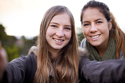 Buy stock photo Woman, friends and portrait selfie for hiking adventure or social media post, trekking or countryside. Female people, face and smile for mountain fitness or environment exercise, travel or outdoor