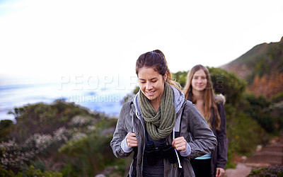 Buy stock photo Women, friends and hiking mountain for adventure outdoor or holiday walking, view or trekking. Female people, weekend and explore in Australia wilderness as healthy workout, wellness or traveling