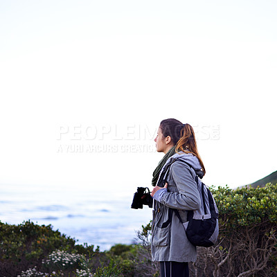 Buy stock photo Woman, mountain view and binoculars for nature trekking hike for holiday exercise, explore or journey. Female person, workout and walking on hikking path for healthy sport, backpacking or adventure