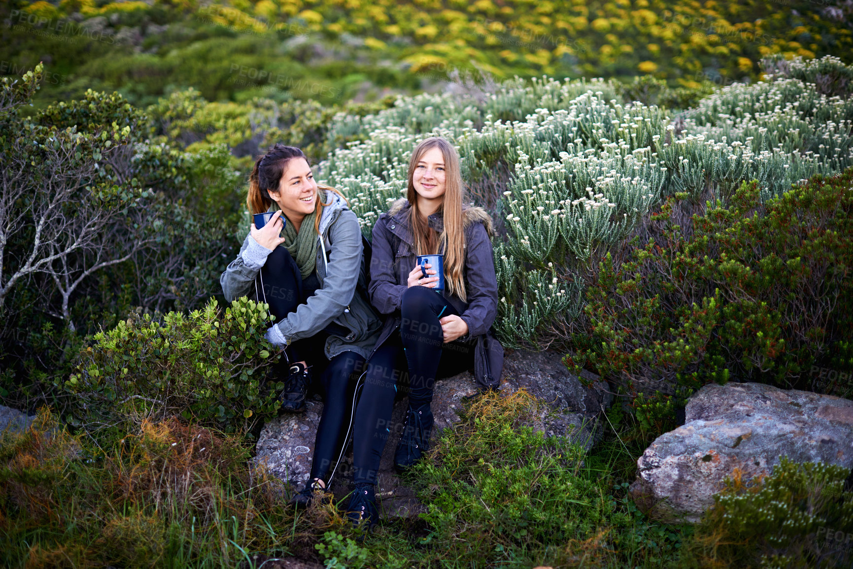 Buy stock photo Friends, relax and outdoor in nature with coffee for calm holiday or morning on vacation together. Summer, adventure and happy portrait of women with green tea, drink or travel and hiking in park