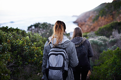 Buy stock photo Women, friends and hiking mountain or trekking environment for holiday vacation, adventure or backpacking. Female people, back and explore walking for healthy training or outdoor, exercise or bush