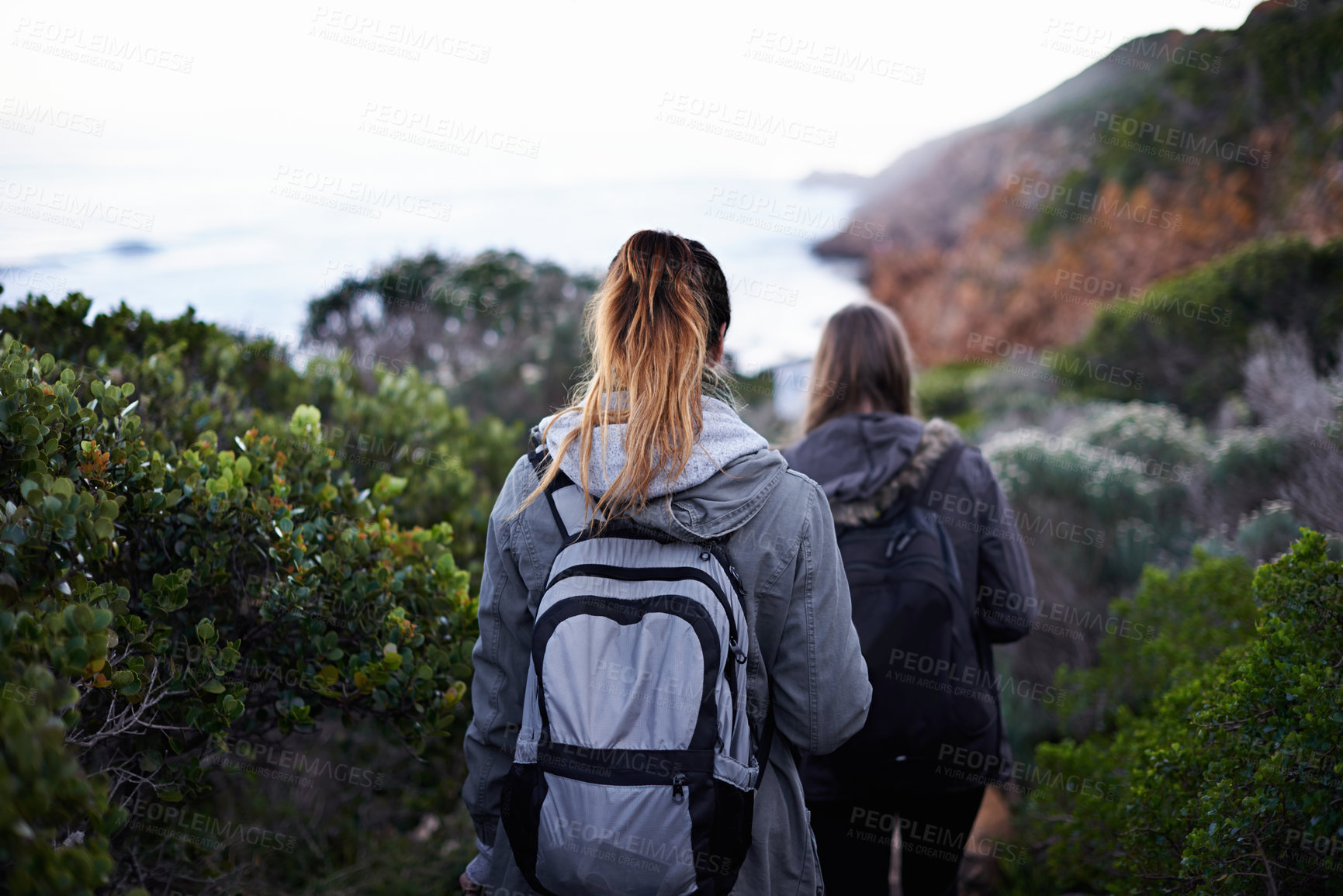 Buy stock photo Women, friends and hiking mountain or trekking environment for holiday vacation, adventure or backpacking. Female people, back and explore walking for healthy training or outdoor, exercise or bush