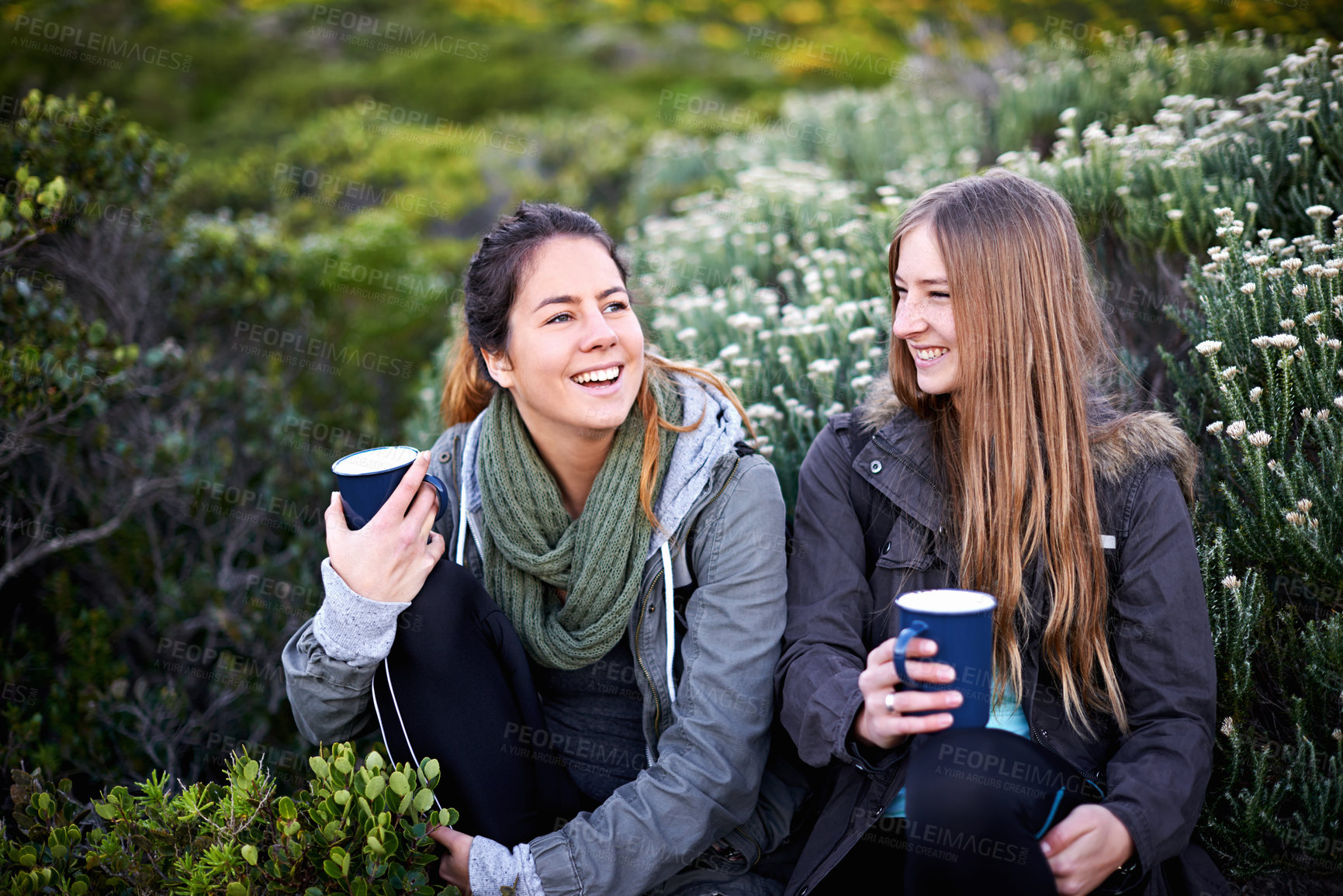 Buy stock photo Shot of two attractive young women enjoying hot drinks while out hiking