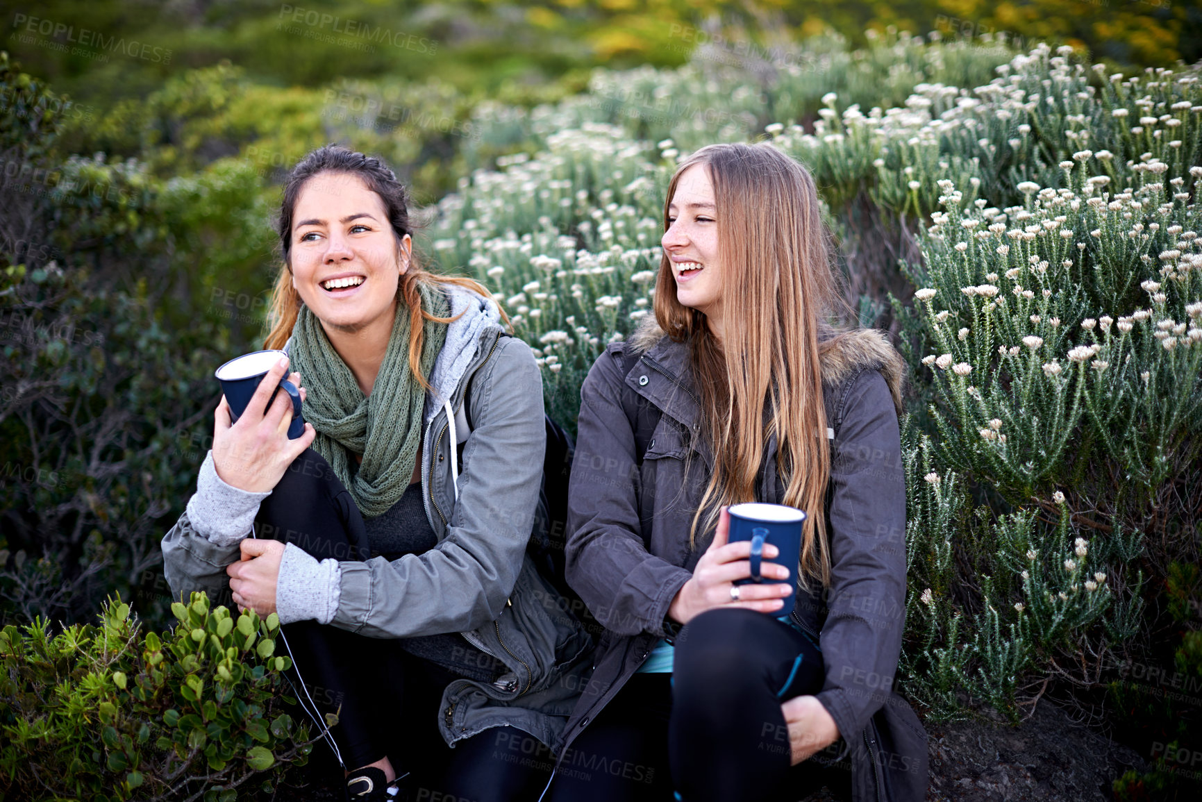 Buy stock photo Friends, relax and outdoor in nature with coffee for happy holiday or morning on vacation together. Summer, adventure and women with green tea, drink or talking about camping and hiking in park