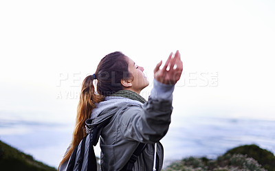 Buy stock photo Hiking, woman and winning with celebration, seaside and fresh air with fitness and breathing. Person, outdoor or hiker with freedom or carefree with girl or healthy with wellness or ocean with joy