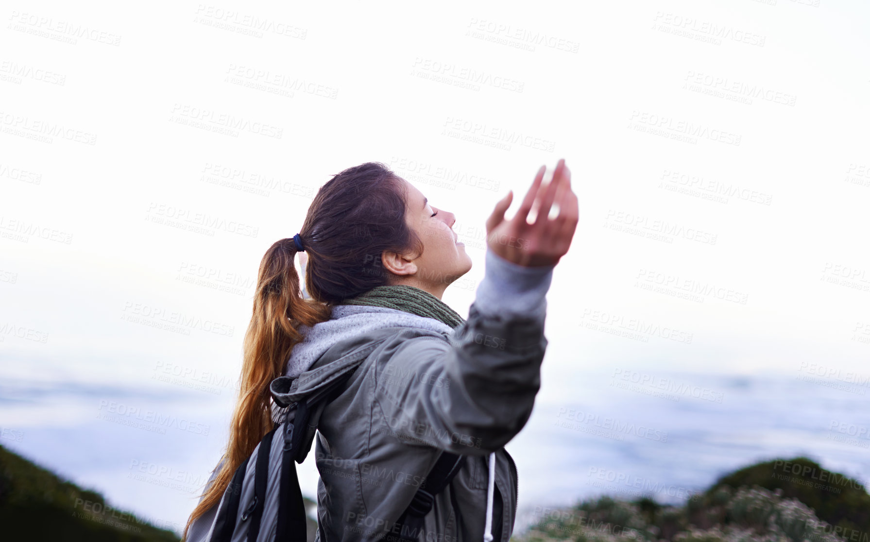 Buy stock photo Hiking, woman and winning with celebration, seaside and fresh air with fitness and breathing. Person, outdoor or hiker with freedom or carefree with girl or healthy with wellness or ocean with joy