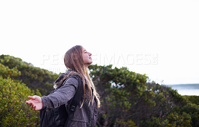 Buy stock photo Hiking, woman and winning with celebration, nature and fresh air with fitness and countryside. Person, outdoor or hiker with freedom or carefree with girl or healthy with wellness or success with joy