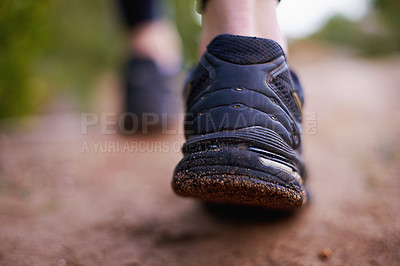 Buy stock photo Shoe, hiking and nature for trekking adventure on mountain path for training workout, fitness or exploring. Person, feet and walking in environment for exercise journey in Australia, travel or sports