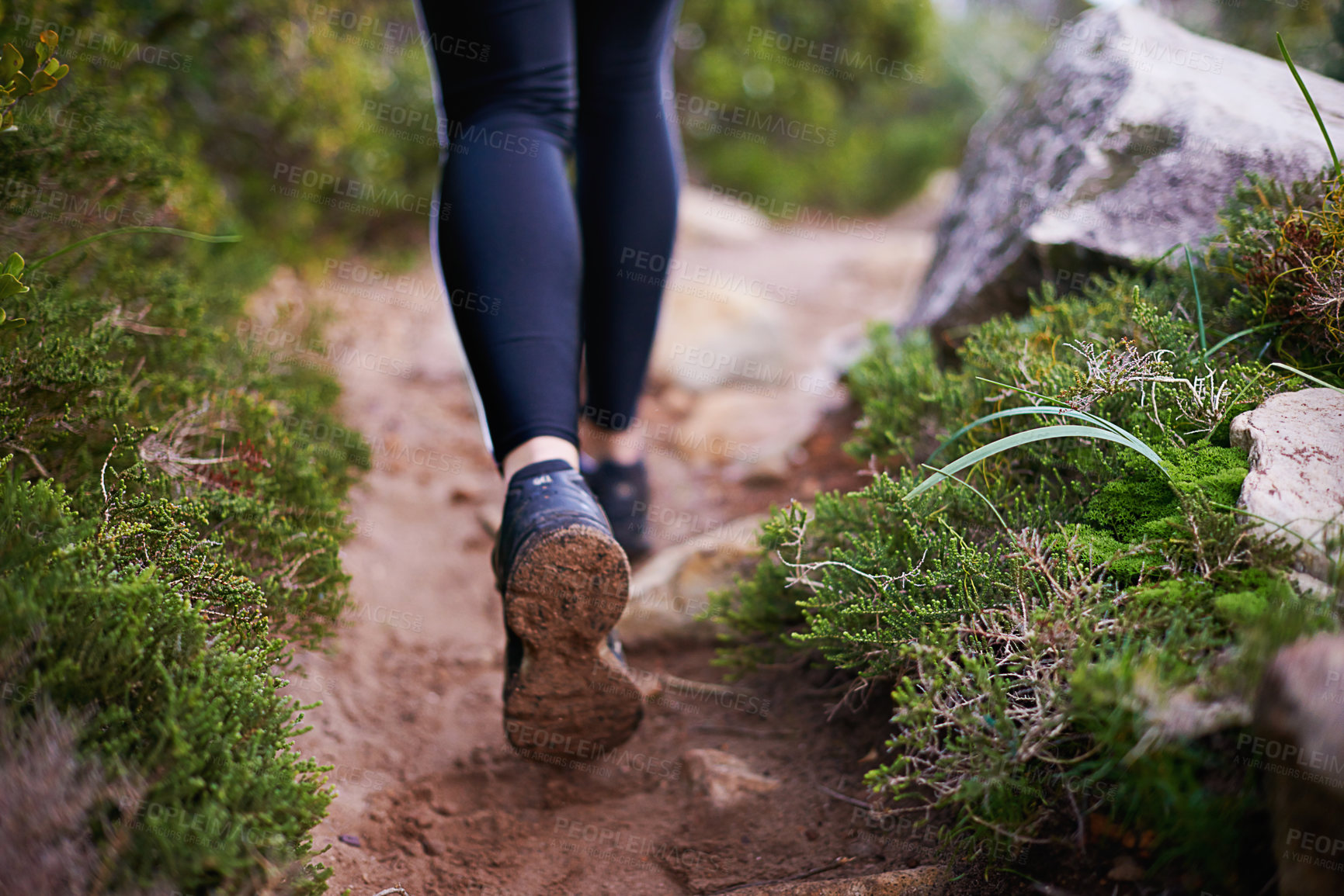 Buy stock photo Closeup shot of the legs of a woman hiking a long a trail