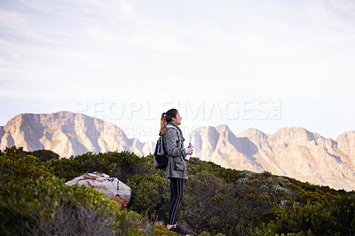 Buy stock photo Woman, hiking and mountain view for outdoor journey for adventure trekking, exercise or backpacking. Female person, fitness and healthy sport for weekend workout in Australia, training or environment