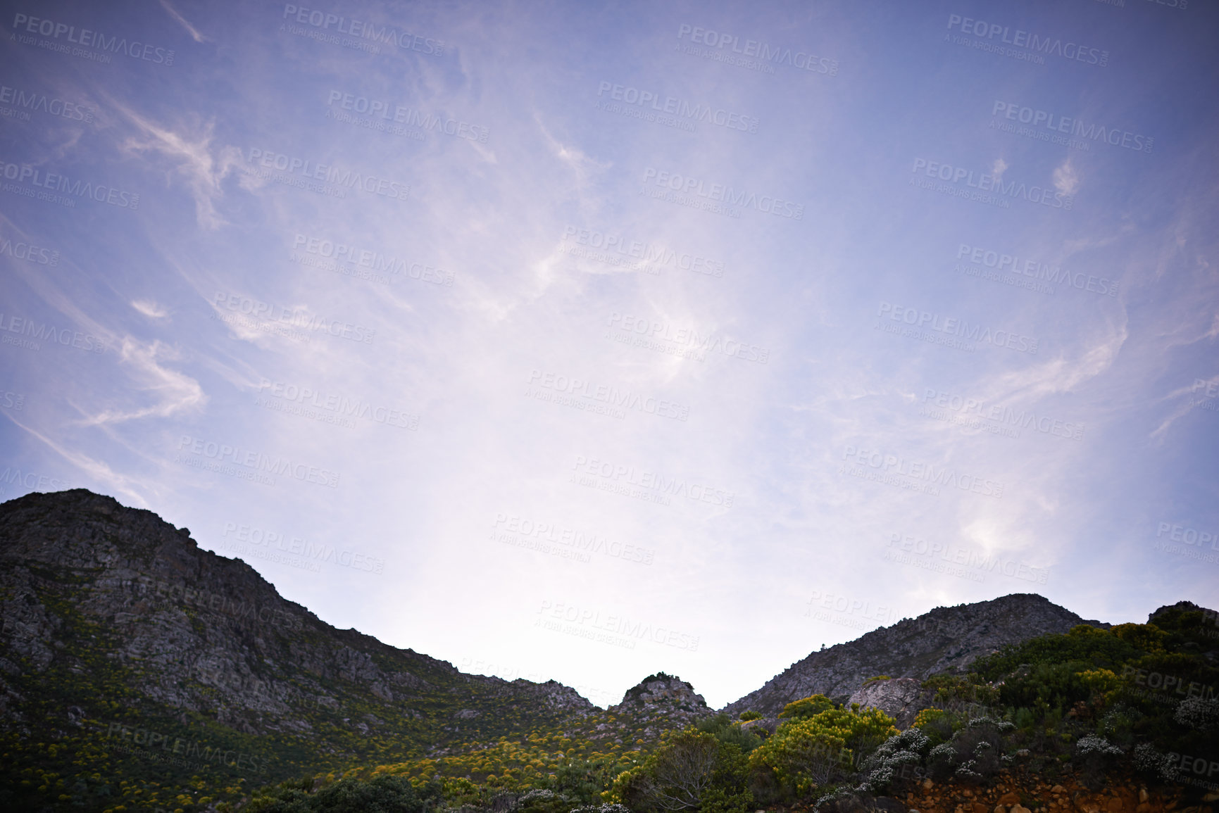 Buy stock photo Morning, nature and landscape with mountains for hiking, relax and blue sky scenery in summer. Outside, green plants and trees in Denmark for outdoor walk in forests, woods and hill in countryside