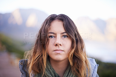 Buy stock photo Outdoor, serious and portrait of woman, vacation and warm clothes for hiking in winter and adventure. Adult, girl and female person in nature of Cape Town for travel and journey or trip for holiday