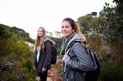 Buy stock photo Friends, women and smile in forest with hiking for adventure or leisure as fitness routine, exercise and workout in Australia. Portrait, outdoor and woods or hill with nature, peace and bonding