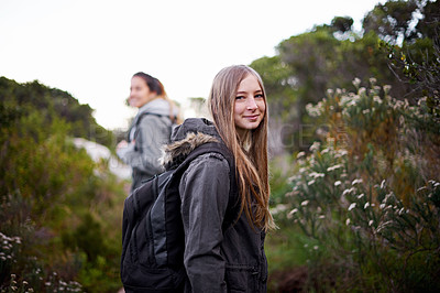 Buy stock photo Friends, women and smile in woods with hike for adventure or leisure as fitness routine, exercise and workout in Australia. Portrait, outdoor and forest or hill for nature, peace and bonding