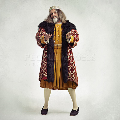 Buy stock photo Royalty, king and portrait of man in studio isolated on a gray background mock up. Retro victorian, vintage crown and leadership of mature, proud and confident male regal ruler from United Kingdom