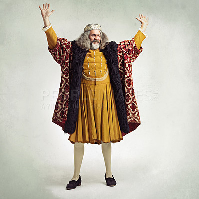 Buy stock photo Royal king man, studio and hands in air for power, magic or winning celebration by gray background. Ancient medieval leader, portrait and full body with fantasy, happiness or vintage robe by backdrop
