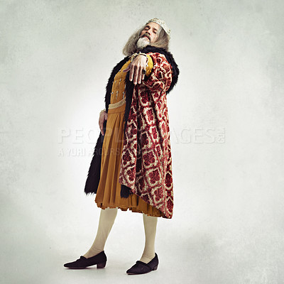 Buy stock photo King, vintage royalty and luxury renaissance portrait of a royal history figure in costume. Ring hand, white background and isolated man with a crown from a victorian age with wealth and power 