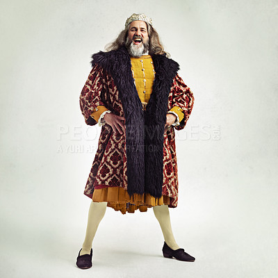 Buy stock photo King, crown and portrait with a royal man in studio on a gray background during the renaissance period of history. Medieval, victorian and royalty with a male ruler posing as leader of his kingdom