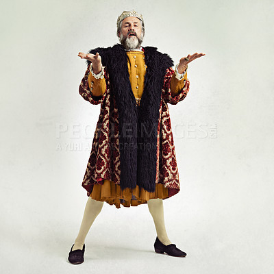 Buy stock photo Medieval cosplay, white background and portrait of king on for historical wealth, leader and power. Victorian, royalty and senior man isolated in studio in vintage, renaissance and history costume