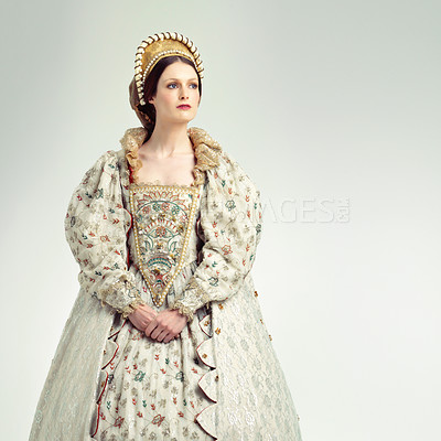 Buy stock photo Queen, medieval with renaissance, history and woman with theatre, Shakespeare and drama isolated on white background. Victorian royalty in vintage dress, monarch and cosplay with female rule mockup