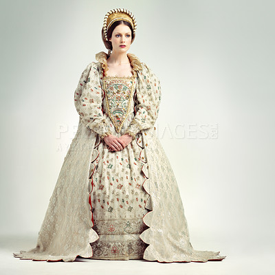 Buy stock photo Fashion, royal and victorian queen in studio with a renaissance, luxury and fancy dress. Royalty, beauty and medieval woman ruler with elegant, vintage and regal costume isolated by white background.