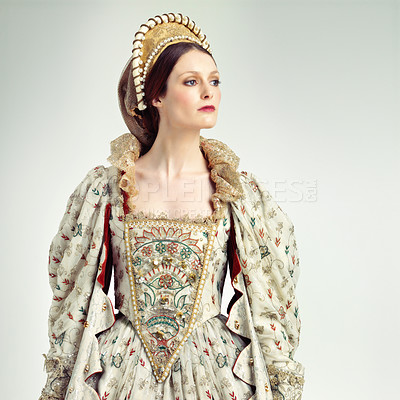 Buy stock photo Queen, monarch with history, renaissance and woman with theatre, Shakespeare and drama isolated on white background. Victorian royalty in vintage dress, crown and cosplay with female rule mockup