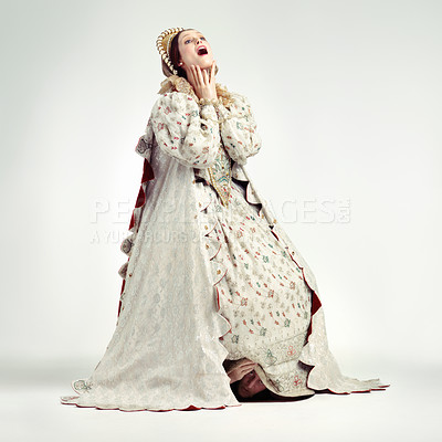 Buy stock photo Queen, surprise face and vintage costume in white background for announcement, theatre party dress up or scared character. Woman, shocked and wow for renaissance history event isolated in studio