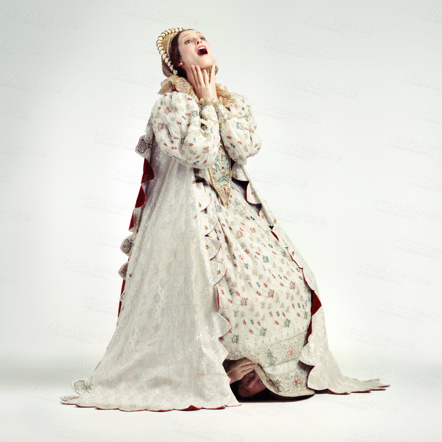 Buy stock photo Queen, surprise face and vintage costume in white background for announcement, theatre party dress up or scared character. Woman, shocked and wow for renaissance history event isolated in studio