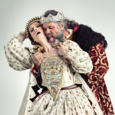 Buy stock photo King, queen and love of couple in studio isolated on a gray background. Vintage royalty, retro victorian and affection, romance and passion of royal man and woman with crown kissing, embrace and hug.