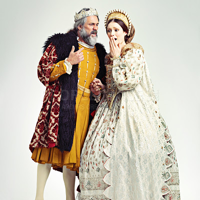 Buy stock photo King, queen and surprised in medieval costume for royal party, retro carnival and theatre fashion clothes in white background. Couple, shocked face and vintage renaissance standing isolated in studio