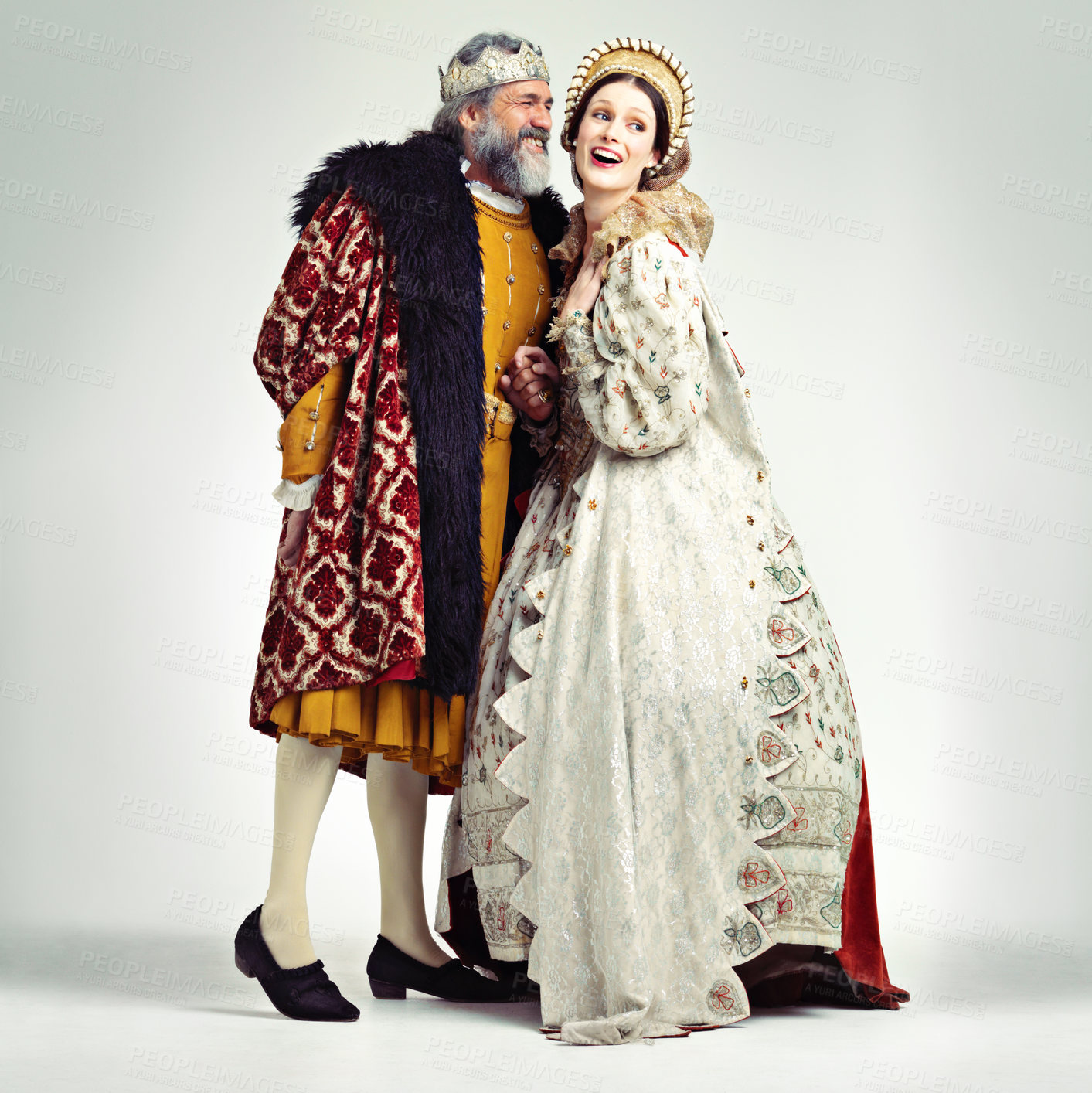 Buy stock photo King, queen and love in medieval costume for royal party, retro carnival and theatre fashion clothes in white background. Couple, happy face and talking in vintage renaissance isolated in studio 
