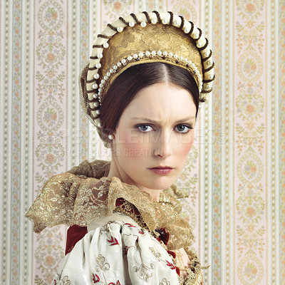 Buy stock photo Renaissance, royalty and portrait of Victorian queen for luxury, history and vintage in England. Medieval, fantasy and beauty with face of woman in regal dress costume for leader, fashion and elegant
