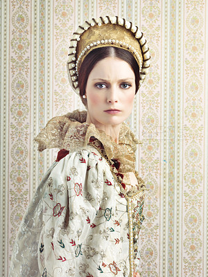 Buy stock photo Renaissance, royalty and portrait of Victorian queen for luxury, history and vintage in England. Medieval, fantasy and beauty with face of woman in regal dress costume for leader, fashion and elegant