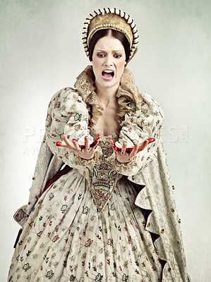 Buy stock photo Shot of a screaming queen with blood on her hands