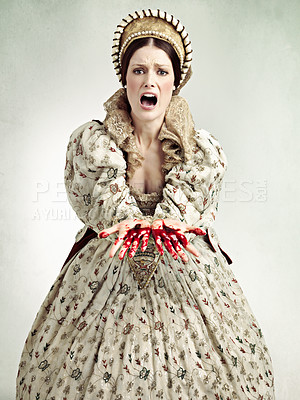 Buy stock photo Queen woman, blood hands and studio with screaming, emergency and crime with ancient royal fashion. Medieval leader, crying and evil with shock, surprise and danger in renaissance clothes for murder