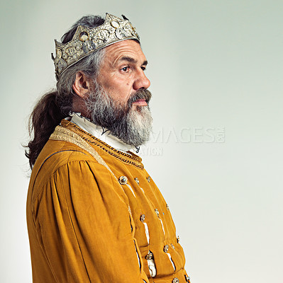 Buy stock photo King, crown with elderly man and monarch, history with renaissance and royalty isolated on white background. Vintage, medieval and male profile with mockup, gold and royal Shakespeare cosplay