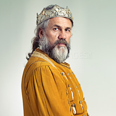Buy stock photo King, crown with senior man and portrait, history with renaissance and royalty isolated on white background. Vintage, medieval and worship, face and male monarch mockup with gold and cosplay