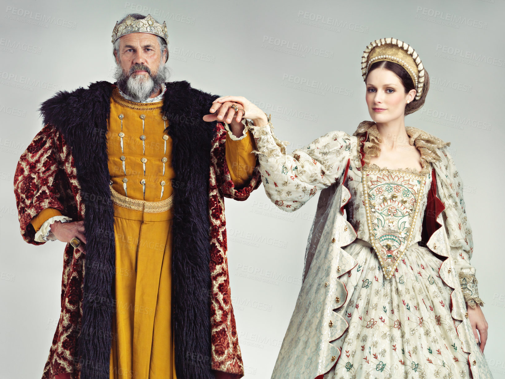 Buy stock photo Love, victorian and couple with king and queen for renaissance, royalty and vintage in England. Vintage, luxury and fantasy with portrait of man and woman for elegant, medieval and monarch in studio